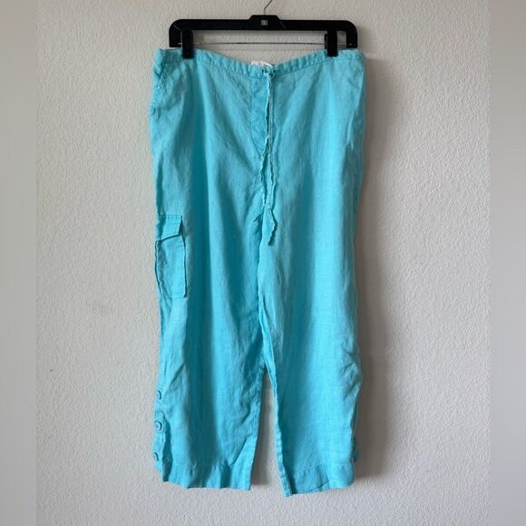 Maternity 100% Linen Aqua Blue Cropped Pants Size L Elastic Waist Cargo Coastal - Picture 1 of 7